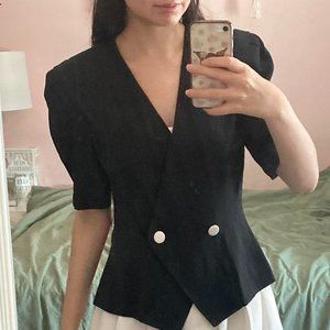 Size 9/10- Audrey Celine Black short sleeve blazer suit with white buttons